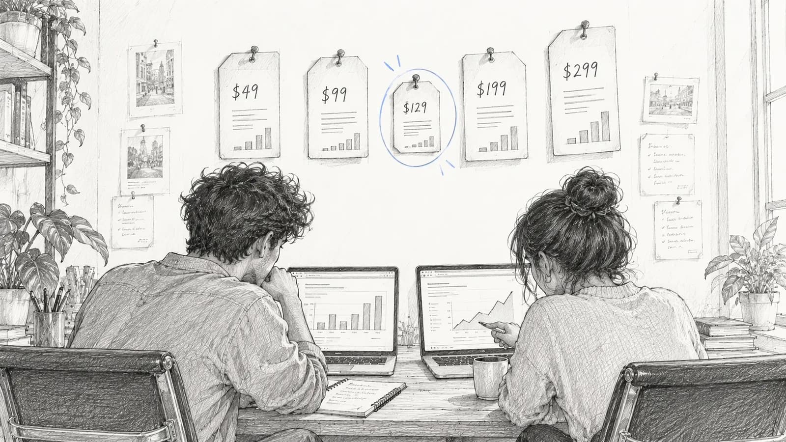 Pencil sketch of two people at a desk comparing AI visibility tools, price tags pinned on the wall behind them