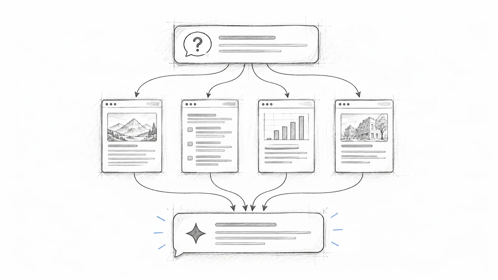 Sketch of one question splitting into several smaller searches, each pointing to a different page