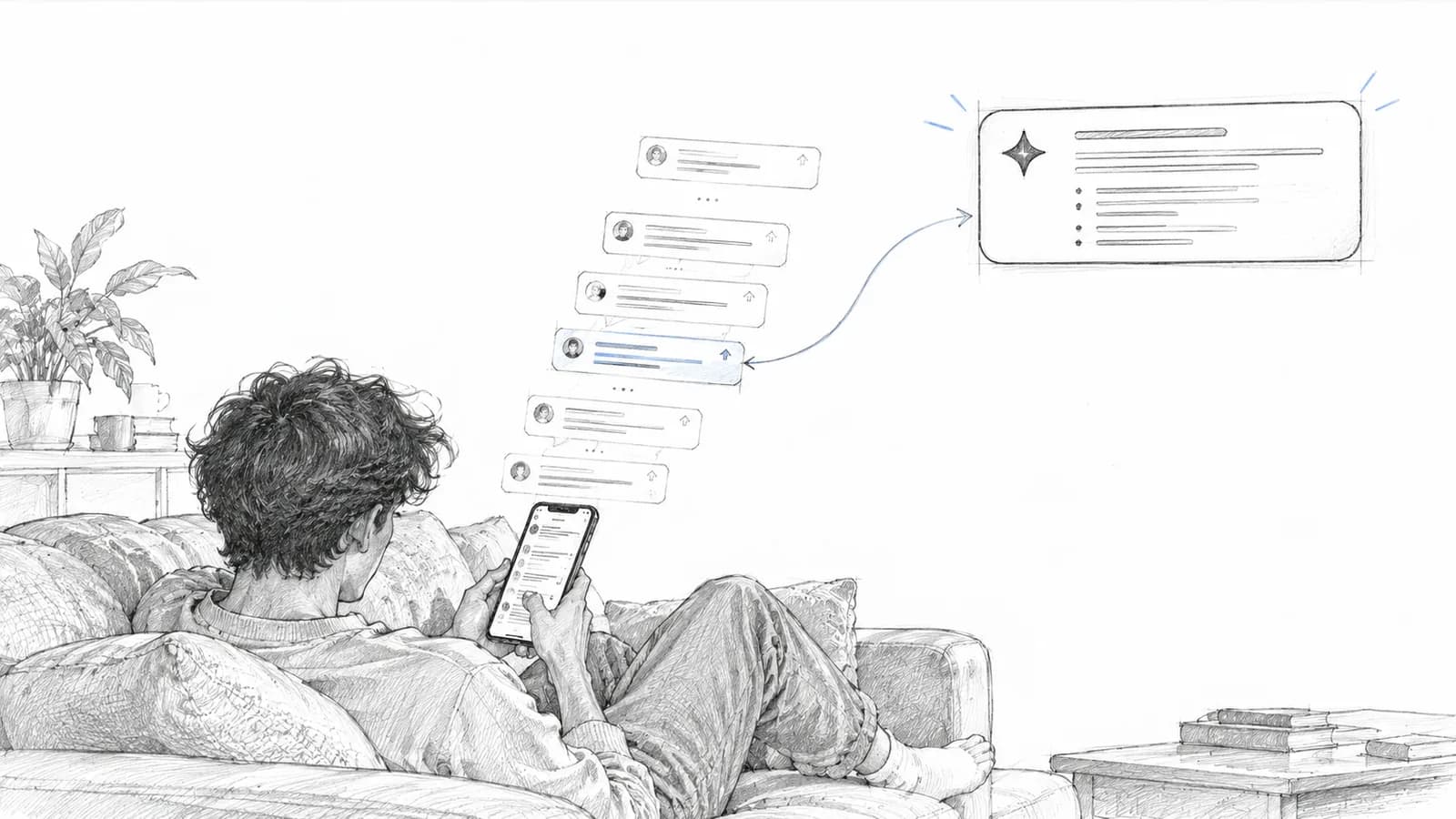 Pencil sketch of a person on a couch reading a forum thread on their phone, one reply picked up by an AI answer