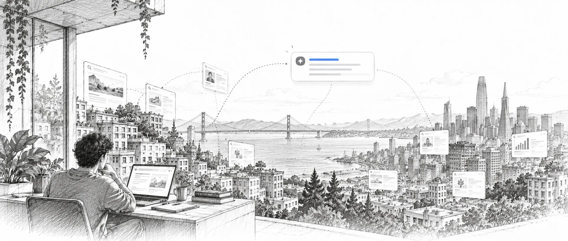 Pencil sketch of a founder at a desk overlooking a city, with web pages flowing into one AI answer