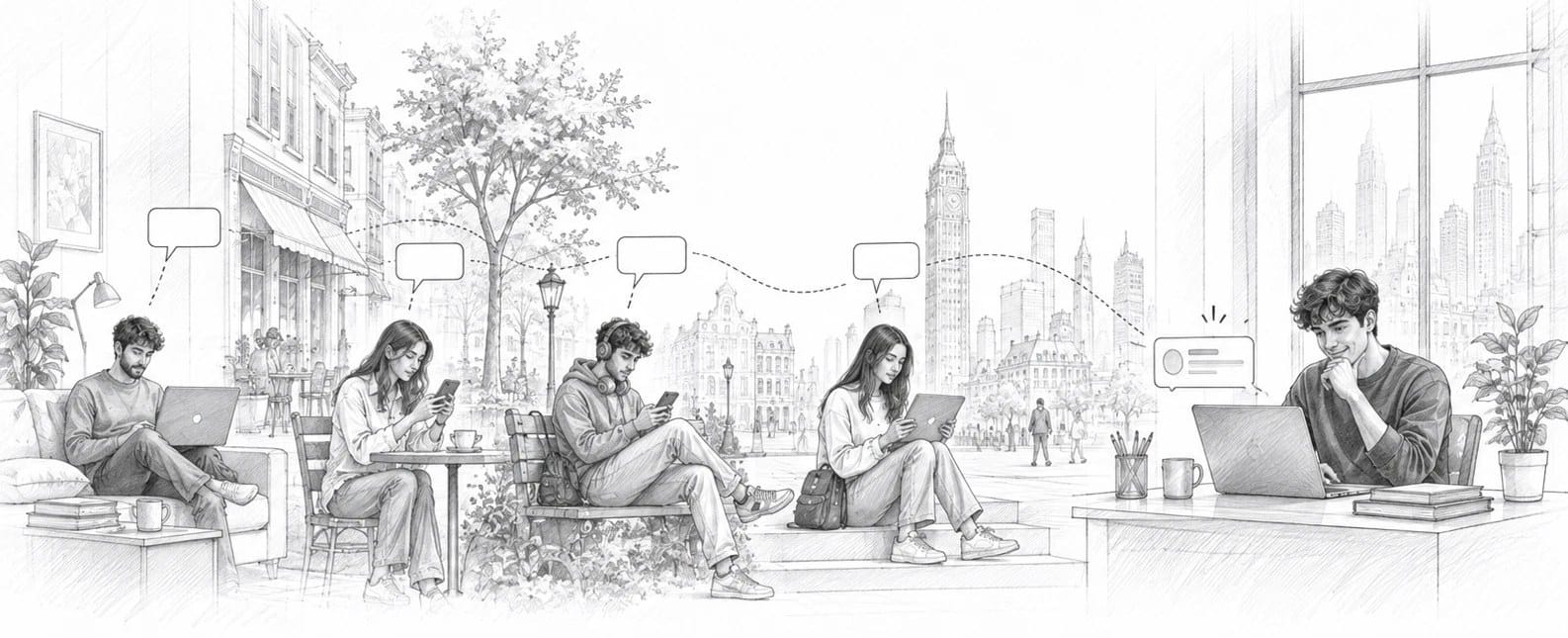 Pencil sketch: people ask AI on their phones and laptops, and the answer reaches a founder at his desk