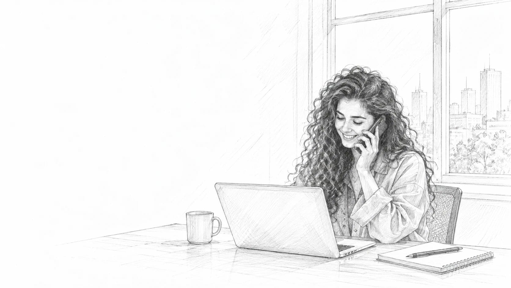 Pencil sketch of a founder smiling on a call while working on her laptop at home