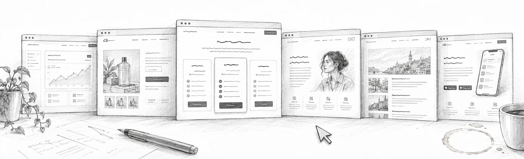 Pencil sketch of six small business websites side by side on a desk