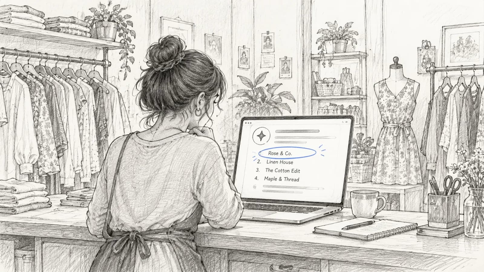Pencil sketch of a shop owner at her counter, her laptop showing an AI answer that names her shop