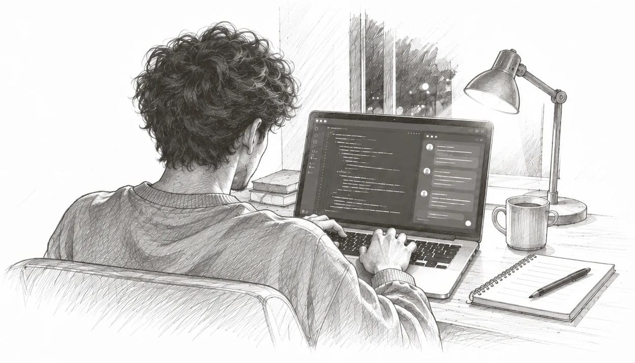 Pencil sketch of a founder at home building his website with an AI coding tool, code on one side and a chat panel on the other