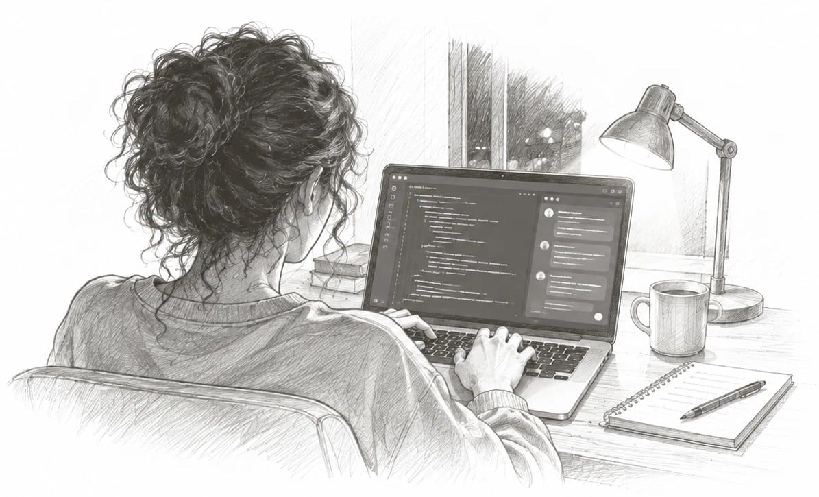 Pencil sketch of a founder at home building her website with an AI coding tool